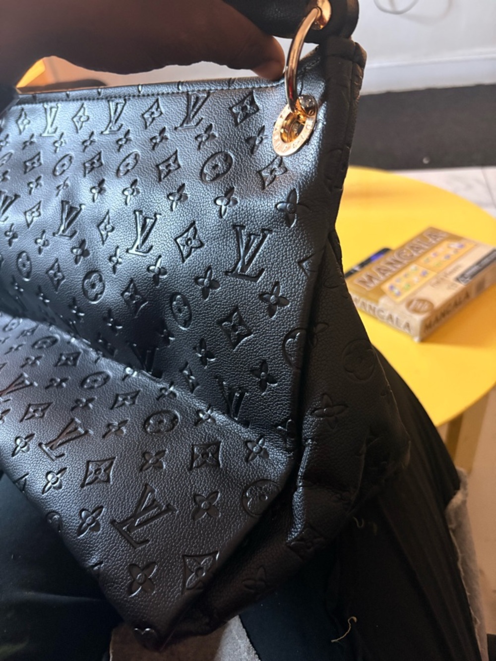 Louis Vuitton Black Embossed Monogram Shoulder Tote with Gold Hardware